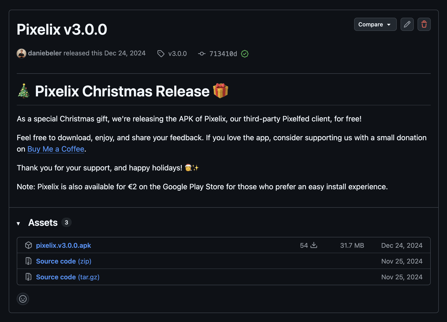 Github release section of Pixelix version 3.0.0